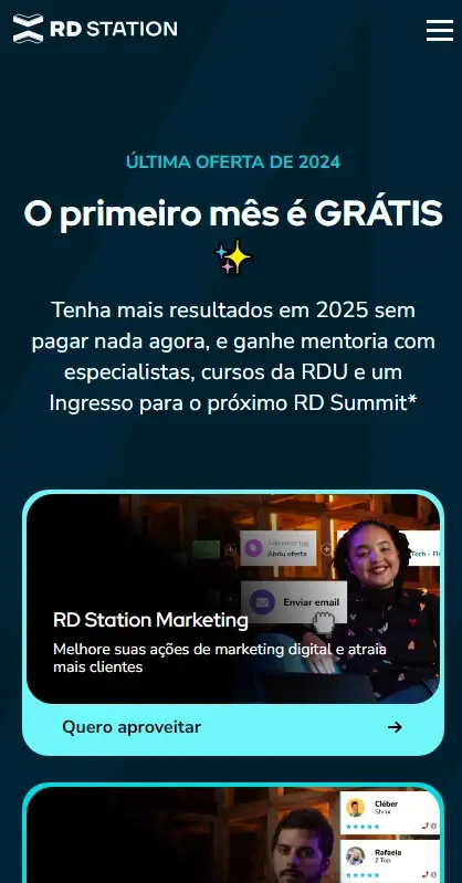 Imagem promocional do RD Station destacando a oferta de um mês grátis, com incentivo à melhoria em resultados de marketing digital, cursos e mentoria.