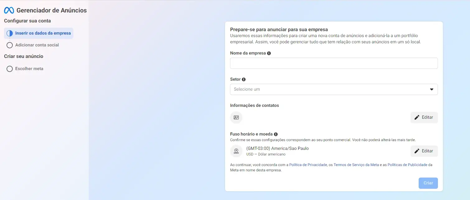Imagem mostrando a interface do Gerenciador de Anúncios do Meta Ads, onde usuários podem inserir dados da empresa e configurar informações para anúncios.