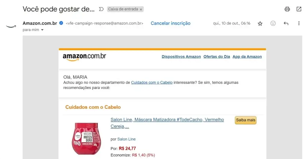 E-mail personalizado da Amazon