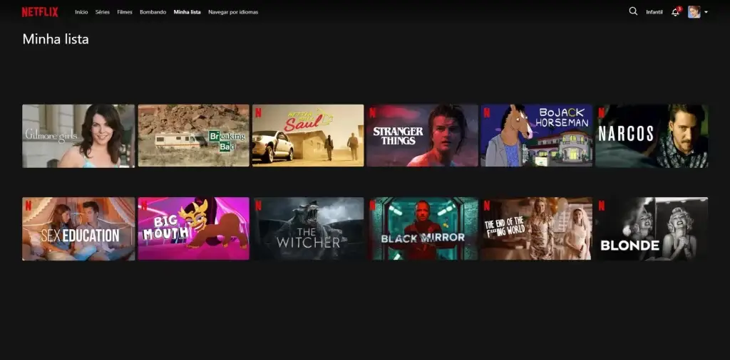 Interface da Minha Lista na plataforma Netflix