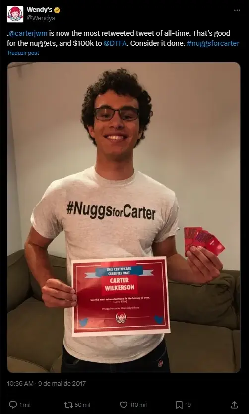 Carter Wilkerson com camiseta #NuggsForCarter