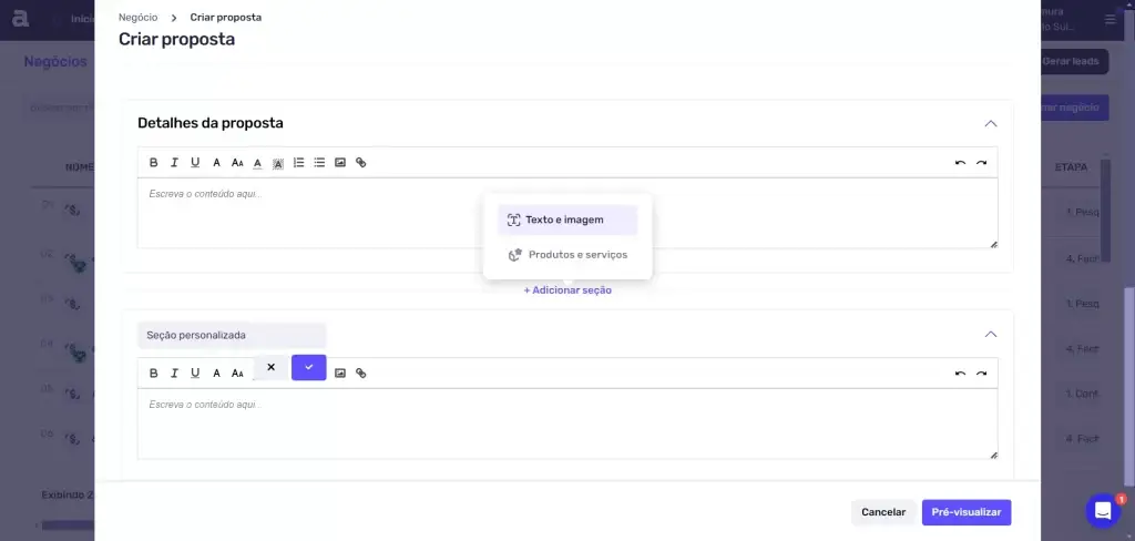 Captura de tela do painel de criação de propostas destacando o campo de texto e imagem, ideal para otimizar propostas comerciais.