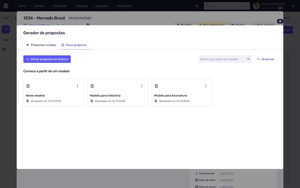 Imagem do gerador de propostas no Mercado Brasil, mostrando opções de modelos e funcionalidades de criação de propostas.