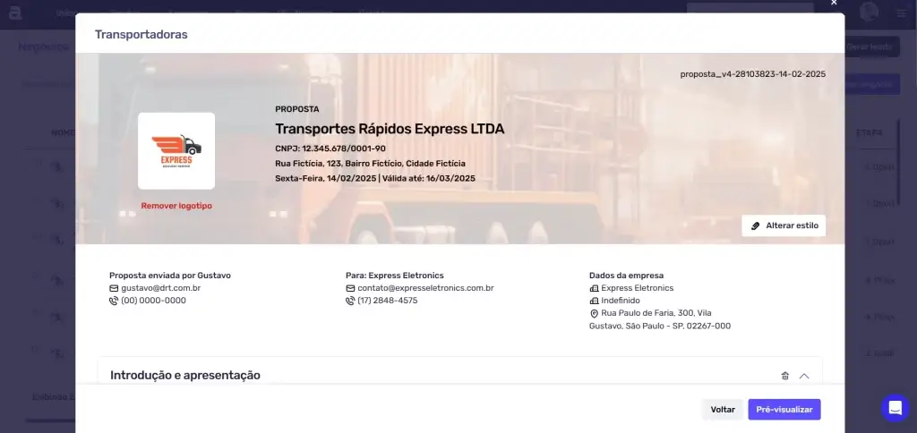 Imagem da proposta da empresa Transportes Rápidos Express LTDA com informações relevantes como CNPJ, endereço e dados de contato.