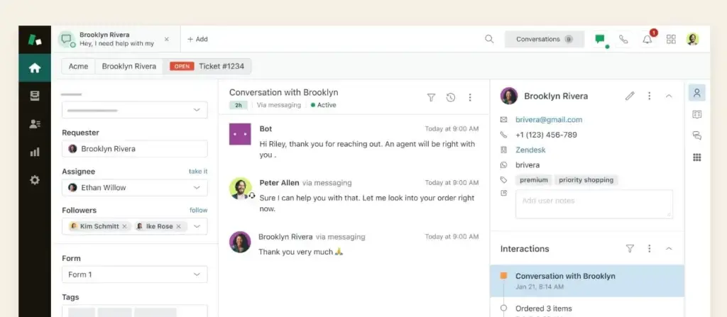 Captura de tela de uma conversa no Zendesk, com o ticket de suporte 1234 aberto, destacando usuários como Brooklyn Rivera e Peter Allen.