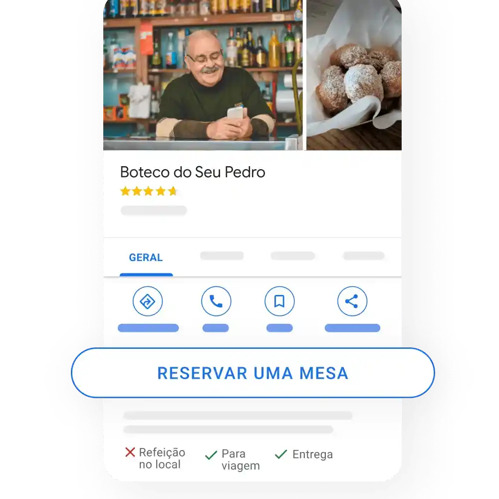 Imagem de uma avaliação no Google Meu Negócio para o Boteco do Seu Pedro, destacando a facilidade de reservar uma mesa, satisfação do cliente e opções de delivery e viagem.