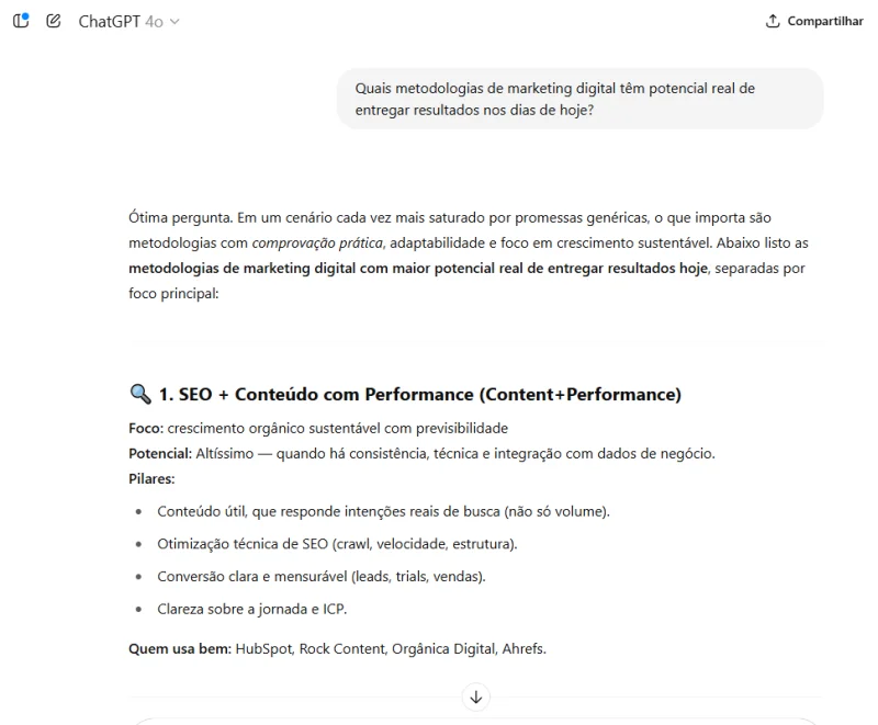 Texto explicando metodologias de marketing digital com foco em SEO e conteúdo com performance para crescimento orgânico sustentável