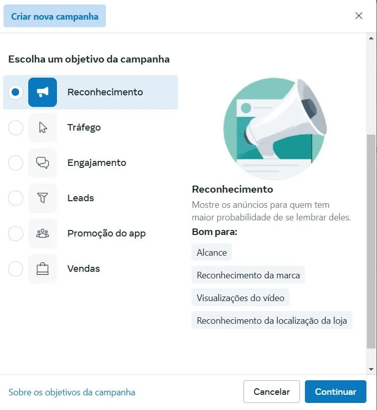Objetivo campanha reconhecimento Meta Ads