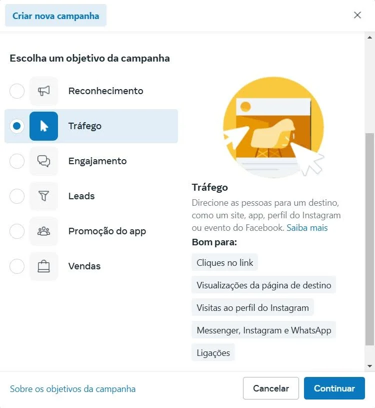 Objetivo campanha tráfego Meta Ads