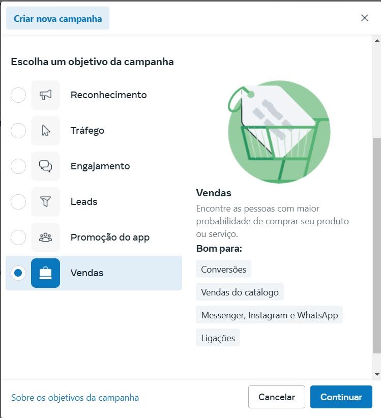 Objetivo campanha Vendas Meta Ads