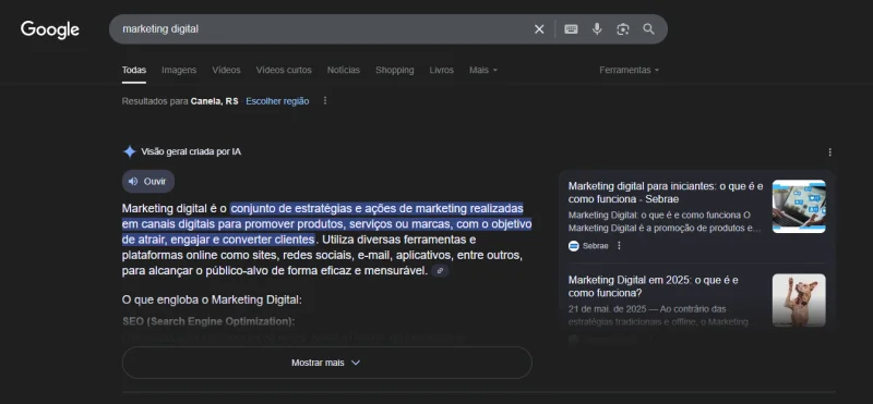 Resultado de busca no Google para marketing digital com descrição e links relacionados