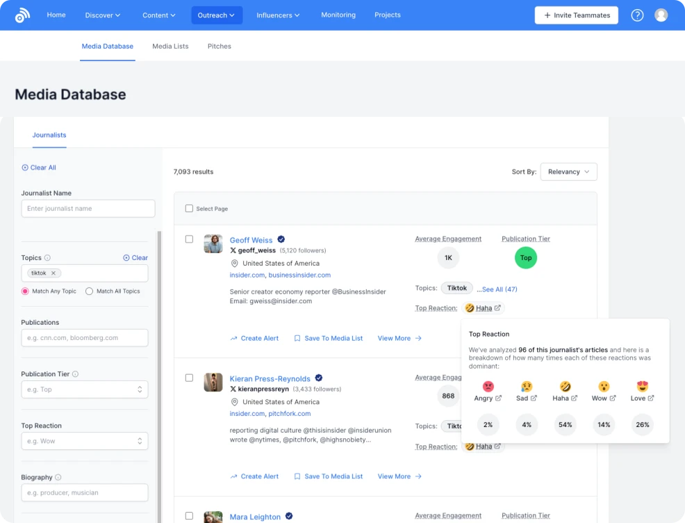Imagem de uma busca na plataforma buzzsumo, exibindo nomes, cargos e contatos, com detalhes como telefone, e-mail, e indicadores de verificação.