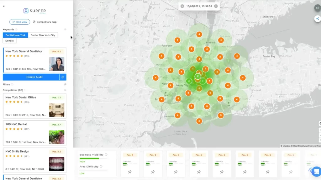 Exemplo de uso da ferramenta Localo. Mapa de distribuição de clínicas odontológicas na cidade de Nova York, destacando a concentração de dentistas nas áreas centrais, útil para quem busca serviços de odontologia na região.