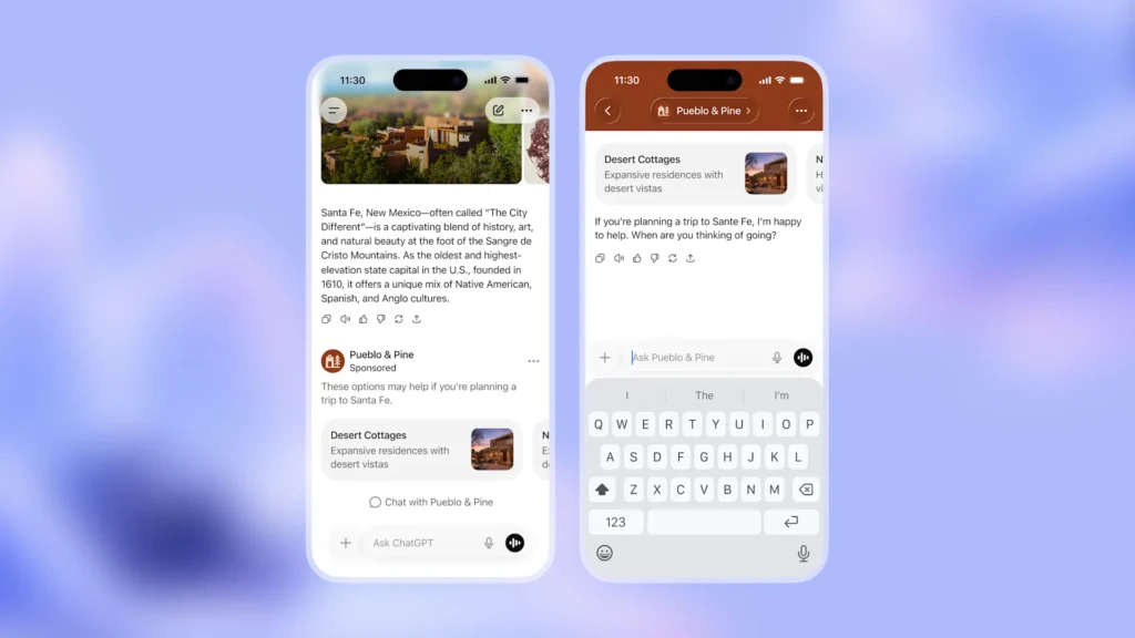 Interface de aplicativo móvel mostrando planejamento de viagem para Santa Fe com opções de acomodações Desert Cottages e chat interativo com Pueblo & Pine
