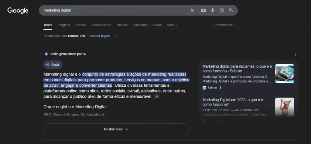 resultado de busca no Google para marketing digital com definição destacada