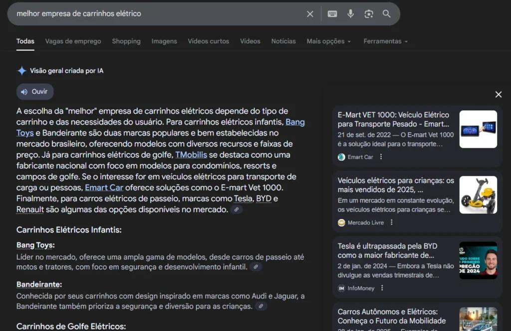resultado de busca no Google sobre a melhor empresa de carrinhos elétricos