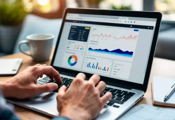 Pessoa analisando dados de ferramentas de SEO em um laptop, com gráficos e relatórios de desempenho para otimizar estratégias digitais.