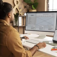 Homem trabalhando em um ambiente de escritório moderno, avaliando designs em telas, ideal para decoração e design de interiores.